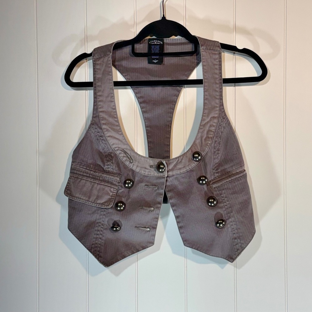 Ellemenno Womens Small Grey Pinstripe Cropped Racerback Vest Double Breasted Y2K
